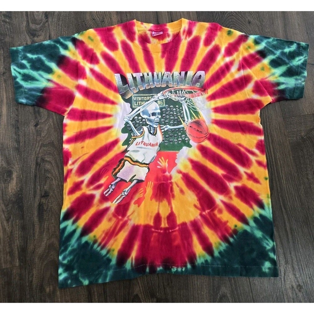 VTG 1992 Lithuania Basketball Tie Dye Skeleton T-Shirt XL Barcelona Olympics